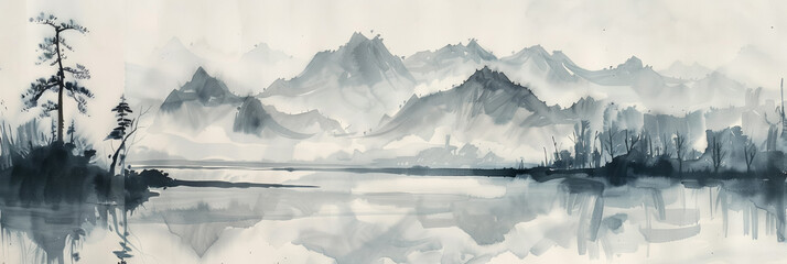 Chinese ink watercolor painting depicting serene mountain landscape, watercolor, white background 