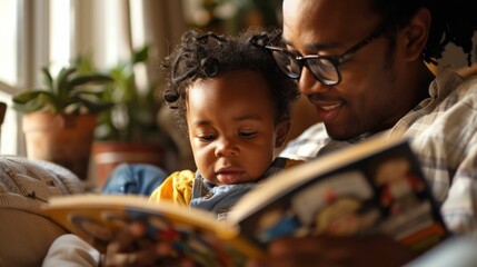 African American Father and child reading a book together. The man is wearing glasses and the child. Scene is warm and cozy, as the two are spending quality time together