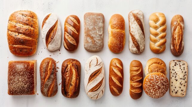 nutritious bread options displayed elegantly on a white table, captured from above in a flat lay composition.