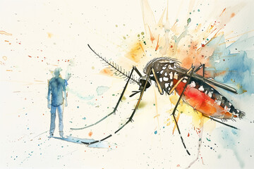 Dengue mosquito and person watercolor,  background with a pace for text