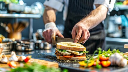 An expert chef is meticulously assembling a fresh sandwich with various vegetables in a professional kitchen setting