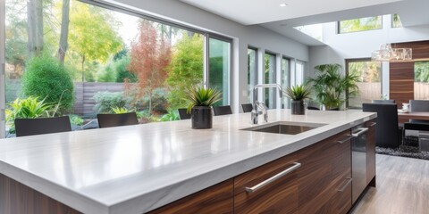 Contemporary kitchen with island, sink, cabinets, and large window in new upscale house.
