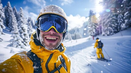 Fototapeta na wymiar A skier in bright yellow gear capturing a selfie against a backdrop of pristine white snow and a clear blue sky