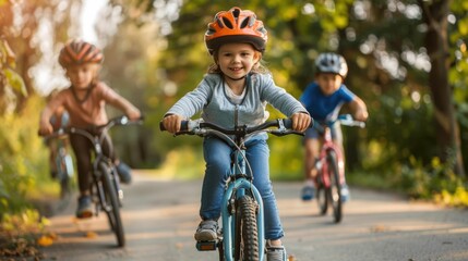 Fototapeta premium Three children are riding bikes down a path. One of the children is wearing a helmet. The children are smiling and seem to be enjoying themselves