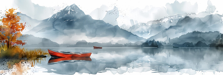 Digital watercolor panorama of rowing boats on mountain lake, watercolor, background with a pace for text - obrazy, fototapety, plakaty