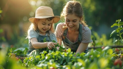 A young girl and an mother woman are working together in a garden. The woman is wearing a straw hat and the girl is wearing a blue shirt. They are both smiling