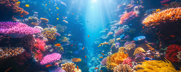 Fototapeta na wymiar A hidden underwater city coral towers teeming with colorful marine life