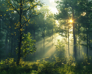 Fototapeta na wymiar A serene forest at dawn sunlight piercing through mist