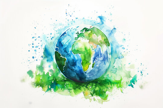 Globe symbolizes World Environment Day in natural setting, watercolor, white background 