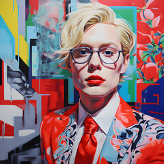 Super pop art handsome man with wavy hair and stylish clothes.