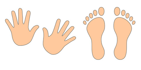 Human footprints and hands vector isolated set on white background. Foot prints of person in boots. Human feet and hands.