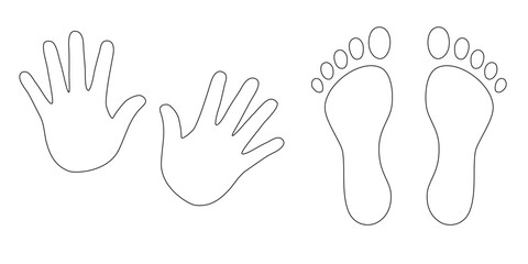 Human footprints and hands vector isolated set on white background. Foot prints of person in boots. Human feet and hands.