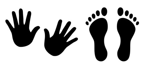 Human footprints and hands vector isolated set on white background. Foot prints of person in boots. Human feet and hands. - obrazy, fototapety, plakaty