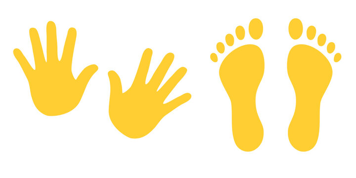 Human footprints and hands vector isolated set on white background. Foot prints of person in boots. Human feet and hands.
