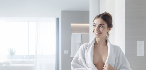 Happy attractive blonde woman in white silky bathrobe posing at white bathroom, panorama with copy space. Face and skin care at home concept.  Generative AI.