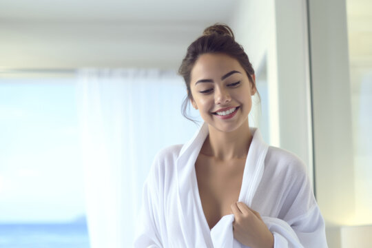 Happy attractive blonde woman in white silky bathrobe posing at white bathroom, panorama with copy space. Face and skin care at home concept.  Generative AI.