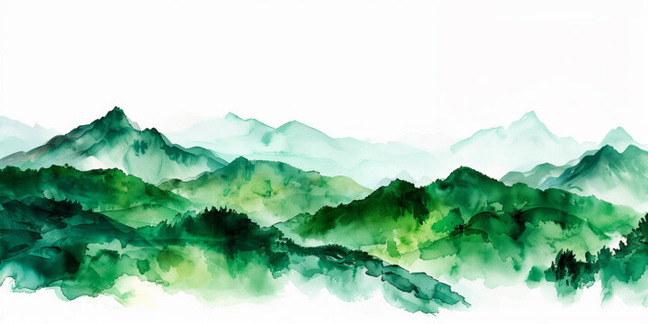 Hand-drawn watercolor of serene, lush green mountain landscape, watercolor, white background 