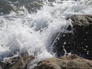 Close-up of a dynamic wave splashing against rugged rocks with visible droplets in mid-air, capturing the power and beauty of nature.