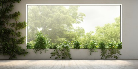 Contemporary, uncluttered room with big windows and foliage.