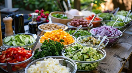 Ingredients for a build-your-own salad bar spread out on a table