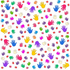 Background with human children's and adults hands imprint.
