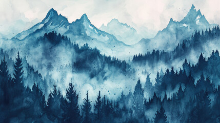 Painting of mountain range with trees and misty atmosphere - obrazy, fototapety, plakaty