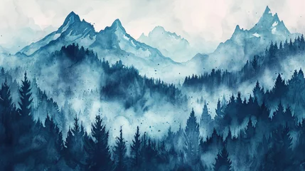 Fotobehang Painting of mountain range with trees and misty atmosphere © Michael