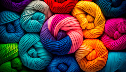 yarn for knitting multi-colored threads a lot. Generative AI, - obrazy, fototapety, plakaty