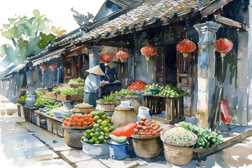 Hand-drawn watercolor Vietnam market  isolated, watercolor,  background with a pace for text