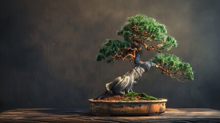  a large deadwood pine thick bonsai tree on a wooden table - obrazy, fototapety, plakaty