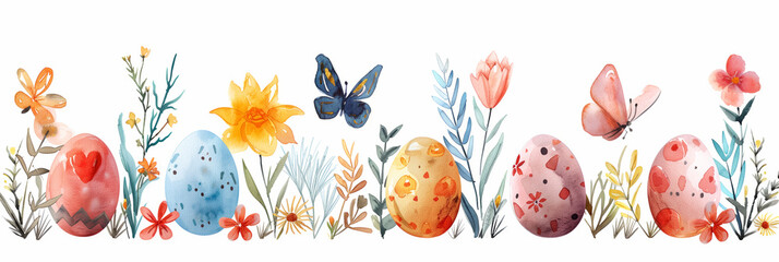 Hand-painted Easter elements; colorful eggs, flowers, butterflies, isolated, watercolor, white background 