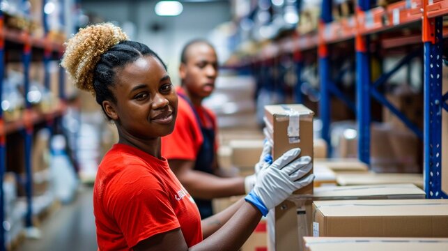A young woman in red attire holding a parcel with focus, in a warehouse aisle, embodies dedication and efficiency in logistics