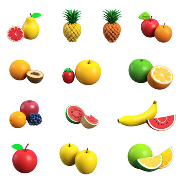 3d render fruits icon pack on isolated transparent background png, generated with AI