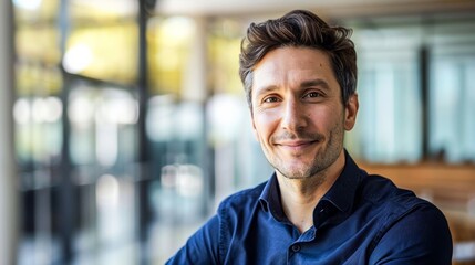 Fototapeta premium A handsome man with a friendly smile and casual blue shirt represents approachability and confidence in a professional setting