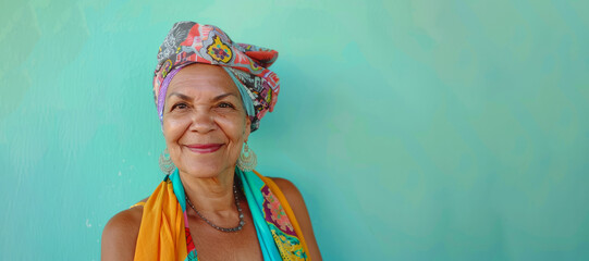 A woman wearing a colorful scarf is smiling. She looks happy and content. Portrait photography of a pleased Brazilian woman in her 70s wearing a foulard against a pastel or soft colors background - obrazy, fototapety, plakaty