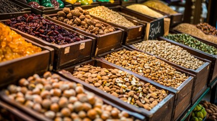 Multiple wooden boxes at a market display an array of dried fruits and various nuts, inviting textures