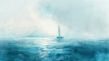 Pastel watercolor ocean landscape with distant sailboat, watercolor, white background 