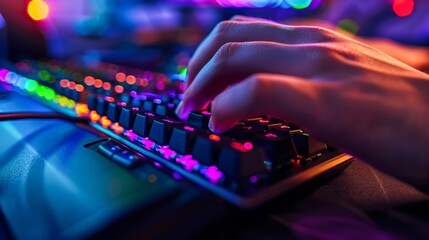 The image focuses on a user's hands typing on a gaming keyboard with RGB backlighting, emphasizing interaction and gaming culture