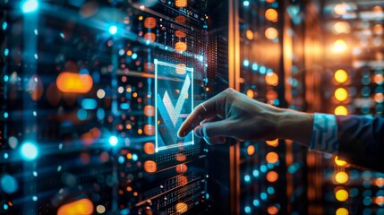 A hand selects an illuminated icon on a server rack, symbolizing data management, technology, and connectivity