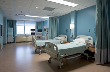 Two empty hospital beds in a room with medical equipment.