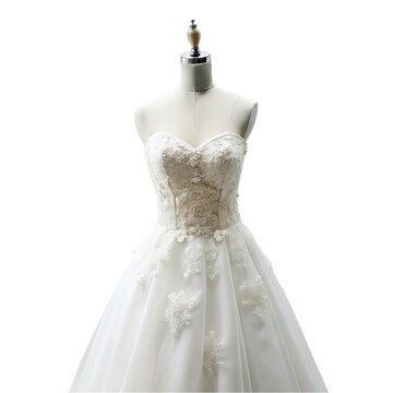 Wedding Dress On A Mannequin Isolated On Transparent Background.