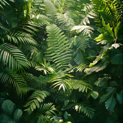 A dense forest of lush green plants and trees, covered in ferns and leaves
