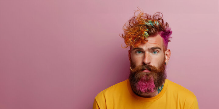 Expressive bearded man with surreal colorful curls in his hair and mustache posing in front of a minimal pastel purple background. Creative barber or hairdresser concept