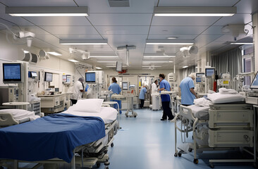 Hospital staff working in a busy intensive care unit. - obrazy, fototapety, plakaty