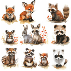Fototapeta premium Watercolor collection of fox, fawn, rabbit, hedgehog, raccoon, panda, watercolor, white background 
