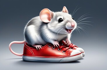 Cute smiling mouse in one shoe, highly detailed, Watercolor,  - obrazy, fototapety, plakaty