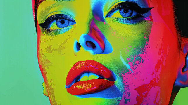 A woman's face is painted in bright colors, with a red lip and blue eyes. The painting is abstract and colorful, with a mood of energy and vibrancy. pop art minimalism
