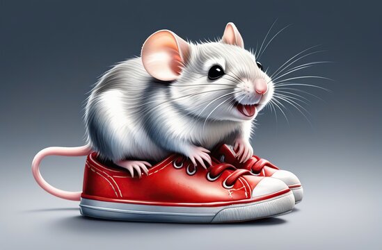 Cute smiling mouse in one shoe, highly detailed, Watercolor, 