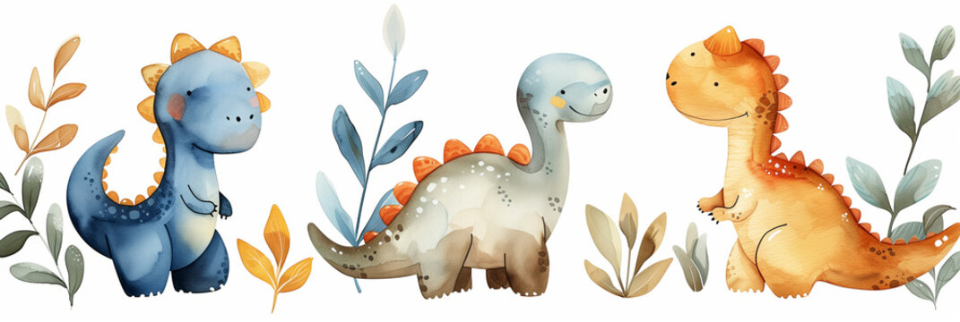 Watercolor cute dinosaurs isolated for baby nursery decor, watercolor, white background 