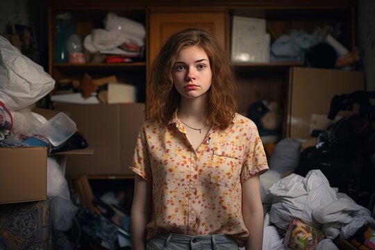 Very messy, cluttered teenage's bedroom with piles of clothes, music, documant, boxes and sports equipment. Generative AI.